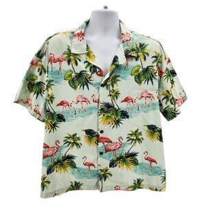 Vintage Pacific Legend Mens 4XL Hawaiian Shirt Flamingo Tropical Palm Tree Green
